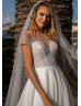 Short Sleeves Beaded Ivory Lace Glitter Tulle Slit Wedding Dress